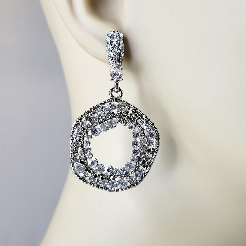 Silver Tone rhinestone Round Circular Earrings